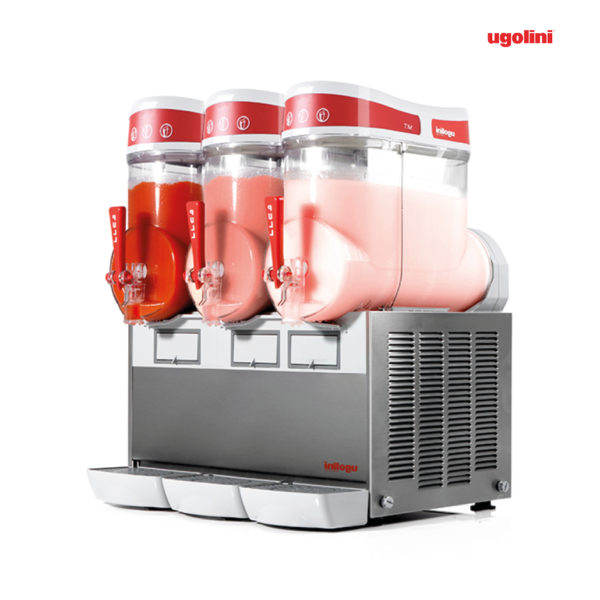 Ugolini Slush-Eis-Maschine mit drei verschiedenen Geschmacksrichtungen.