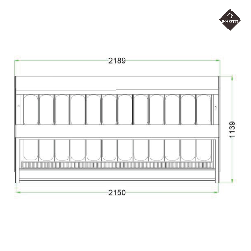 Technische Grafik mit Maßen Eisvitrine Bridge 1180 Rossetti
