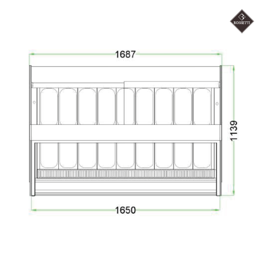 Technische Grafik mit Maßen Eisvitrine Bridge 1180 Rossetti