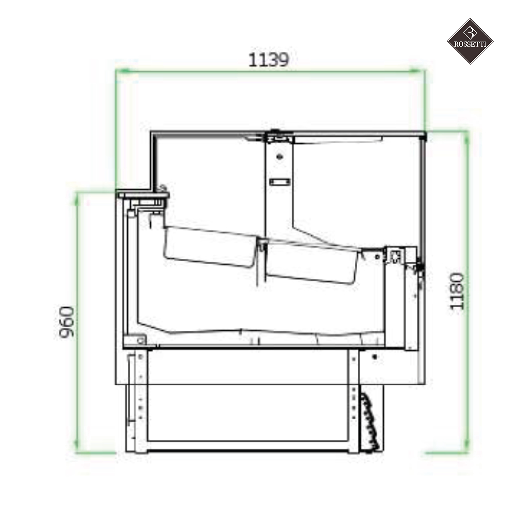 Technische Grafik mit Maßen Eisvitrine Bridge 1180 Rossetti