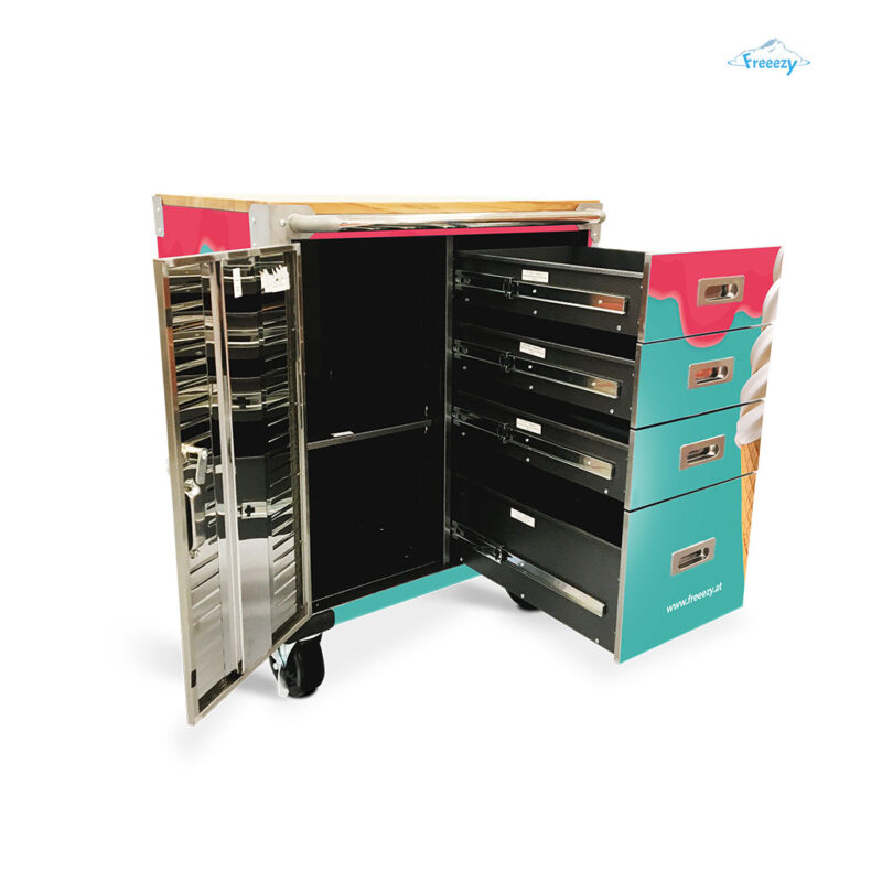 Soft ice cream table with open drawer